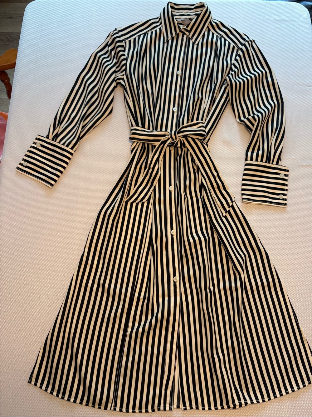 H&M Black and White Long-Sleeve Striped Shirt Dress with Waist Tie